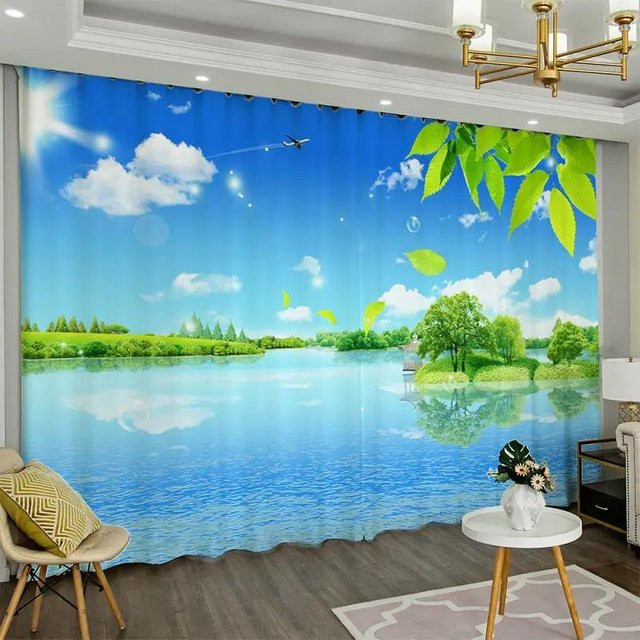 2er-Set Yiran Furniture Vorhänge mit Strandlandschaft-Print, Blau, UV-beständig und semi-transparent, B: 135 cm, H: 185 cm - Bild 1