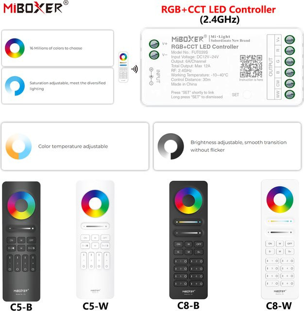 MiBoxer FUT039S+C5/C8 LED-Controller für COB und LED-Streifen, 2,4GHz RF Wireless RGB+CCT, DC12-24V, 6A/Ch - Bild 1