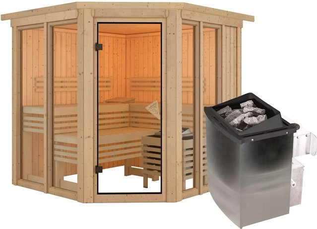 Karibu Sauna Airini Naturbelassen mit integriertem 9 kW Ofen und Kranz - Bild 1