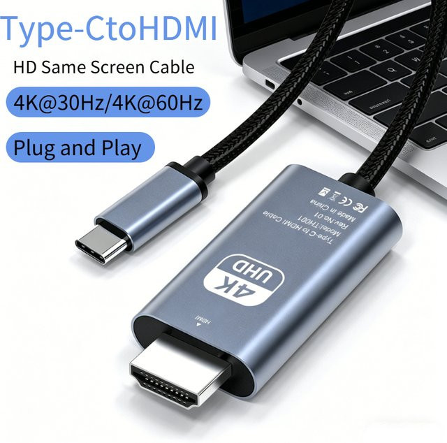 DIXSG USB-C auf HDTV 4K HD Video-Konvertierungskabel mit Bildschirmspiegelung, geflochtenes Projektionskabel für Laptop und TV, Länge: 2 m - Bild 1