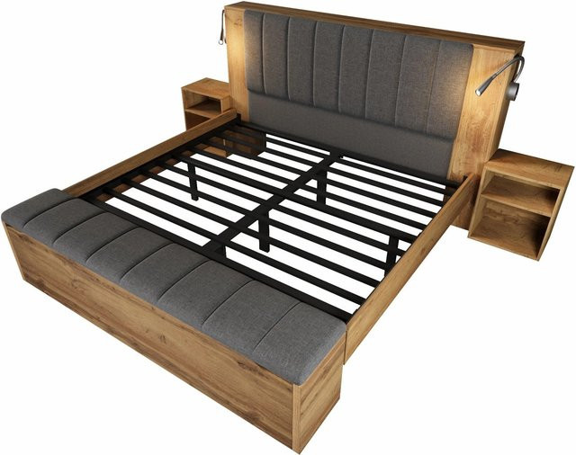 Merax Doppelbett mit Stauraum und USB-Anschluss in Eiche, B/T/H: 160 x 200 x 105 cm - Bild 1