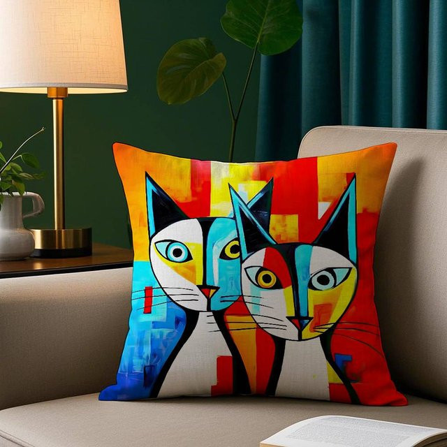 Kissenbezug mit Katzenmotiv im Ölgemälde-Stil von JMG Clothing, quadratisch, Mehrfarbig, B/B: 45 x 45 cm - Bild 1
