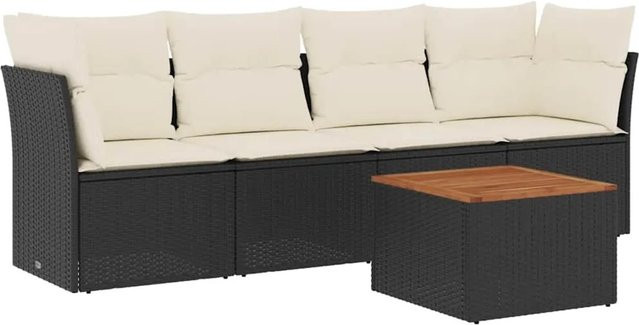 vidaXL 5-teilige Garten-Sofagarnitur aus Poly-Rattan und Akazienholz in Schwarz-Creme mit Kissen - Bild 1