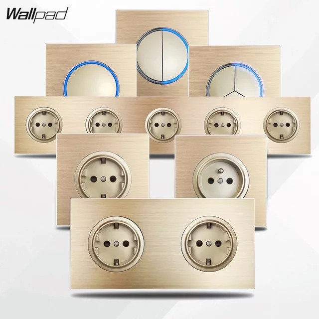 Wallpad Wandlichtschalter in Gold mit rundem LED-Nachtlichtknopf aus gebürstetem Aluminium-Metallpanel als Dimmerschalter - Bild 1
