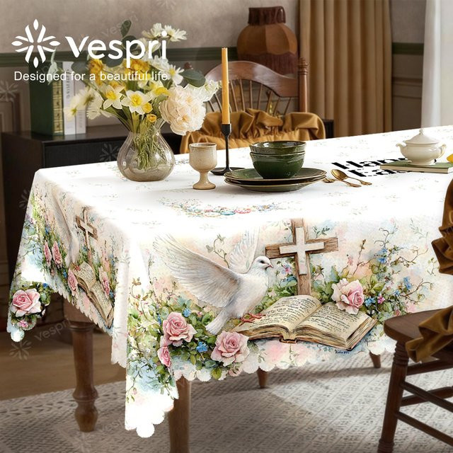 Vespri Oster-Tischdecke aus Polyester mit Blumenmuster in Weiß und Rosa für Partys und Feste - Bild 1