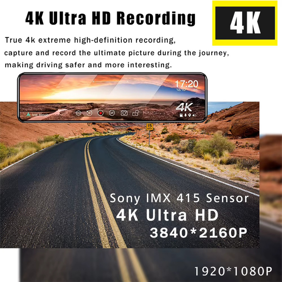 4K UHD Dash Cam Rückspiegel mit Dual Lens, GPS und WiFi, OLESED Bildschirm, Schwarz - Bild 2