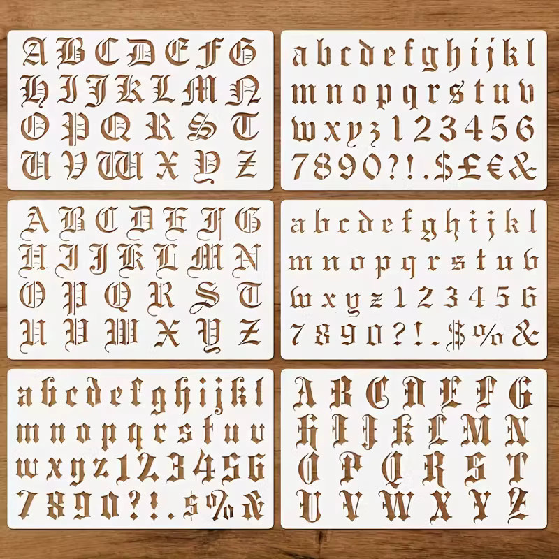 6er-Pack Gothic-Kalligraphie-Schablonen aus Kunststoff in Weiß für DIY-Malerei und Scrapbooking mit alten englischen Buchstaben und Zahlen - Bild 2