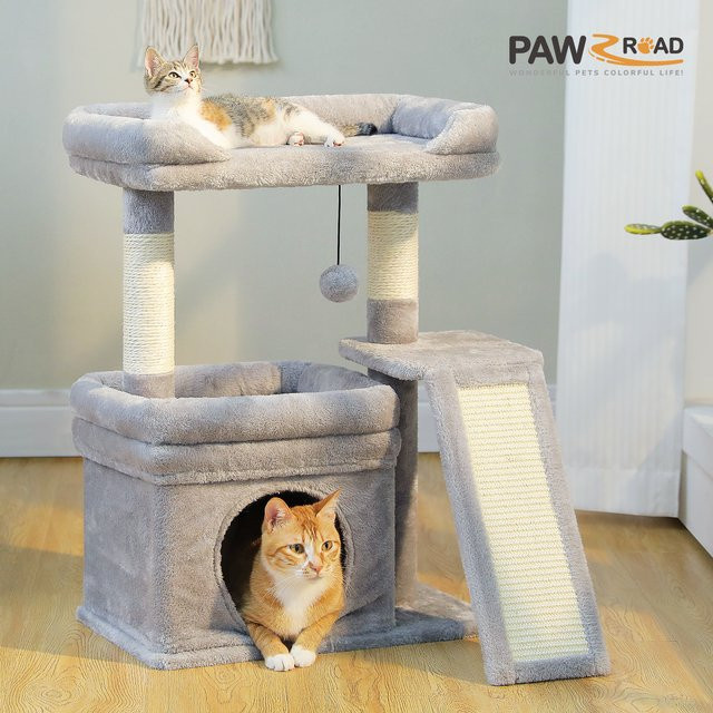 PAWZ Road Katzenbaum für Innenbereich in Grau mit Sisal-Kratzstamm, Kratzmatte und integriertem Spielzeug - Bild 1