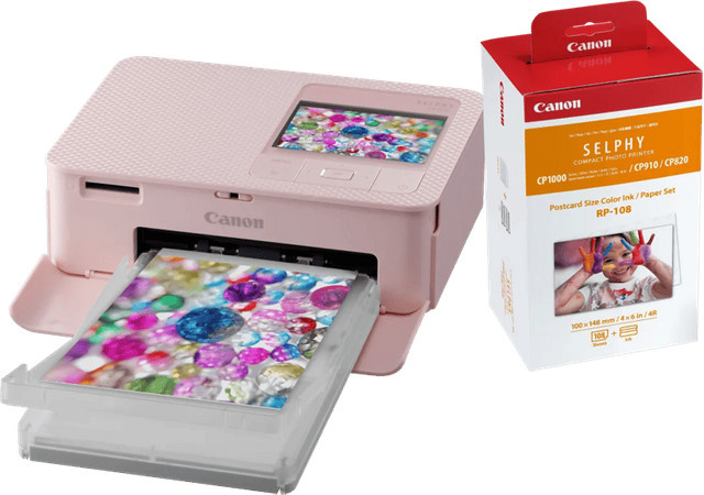 Canon SELPHY CP1500 Fotodrucker in Rosa mit RP-108 Tinten-Papier-Set für 108 Blatt - Bild 1