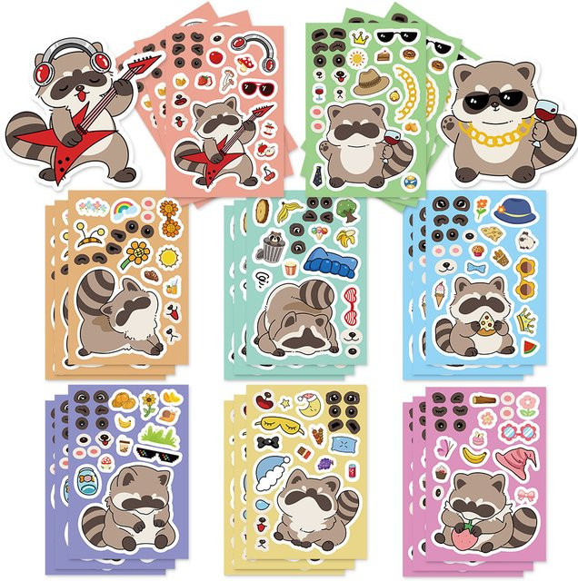 8er Set Cartoon Waschbär Puzzle Aufkleber zur DIY Dekoration für Mobile und Tablet, Mehrfarbig - Bild 1