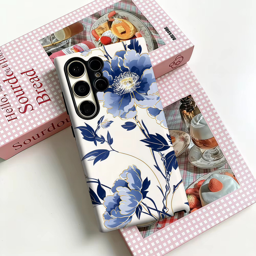 Stoßfeste Doppelschicht Handyhülle mit blau-goldenem Blumenmuster für Samsung Galaxy S25 Ultra, S24 und S23 Ultra Plus - Bild 3