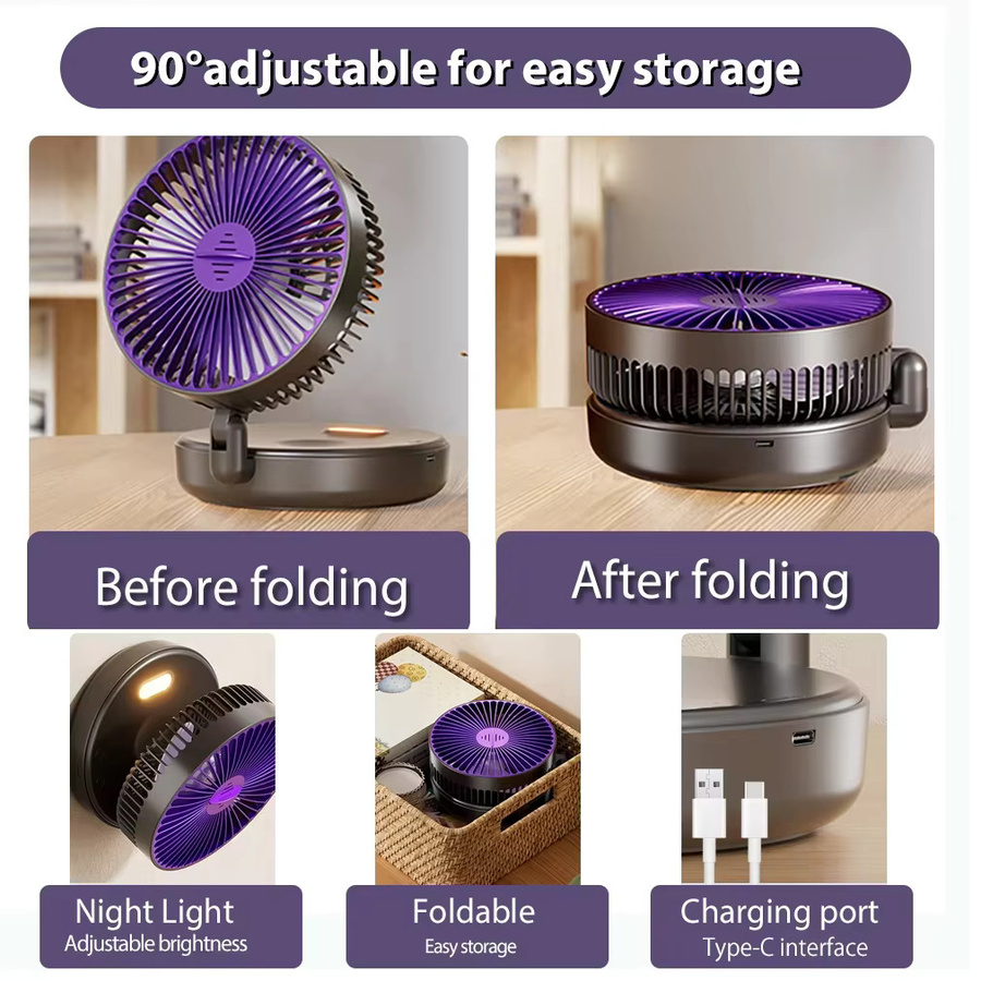 HAOYUNMA 2-in-1 Tisch- und Wandventilator mit 4 Geschwindigkeitsstufen, faltbar, wiederaufladbar mit warmem Licht, leise, Grau oder Lila - Bild 5