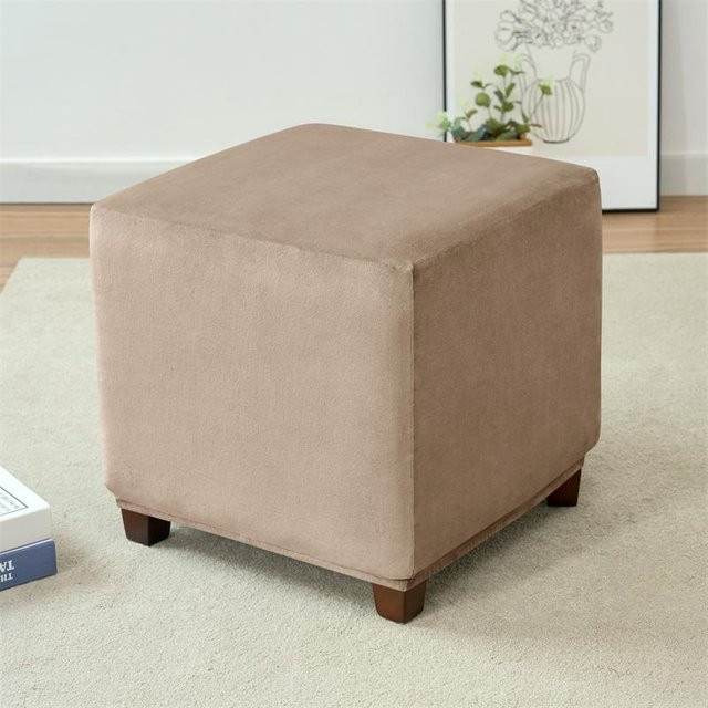 Yiran Furniture Samt Ottoman Hockerbezug Beige, Elastischer Hocker-Schutz aus Samt für dein Wohnzimmer - Bild 1