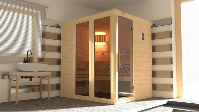 Weka Massivholzelementsauna Kemi Panorama 1 in Braun mit Glastür und Fenster sowie 7,5 kW BioSauna Sparset, B/H/T: 193 x 200 x 162 cm - Bild 1
