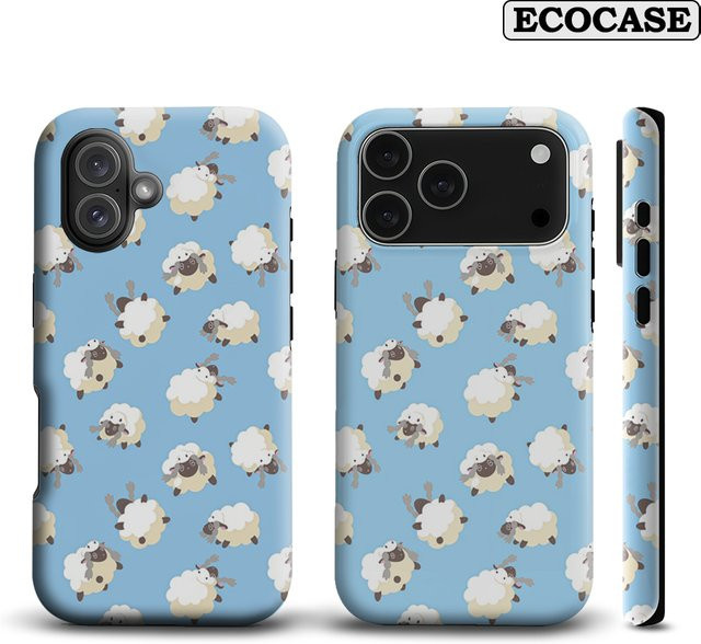 Flauschige iPhone Handyhülle mit Schafmotiv von Potdemiel in Hellblau mit doppellagiger Rückseite für iPhone 17 16 15 14 13 Pro Max Plus - Bild 1