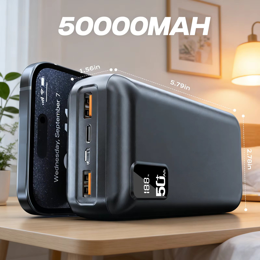 Hganus Powerbank 50000mAh mit 22,5W Schnellladung QC PD3.0 und USB-C Ausgang in Schwarz - Bild 6