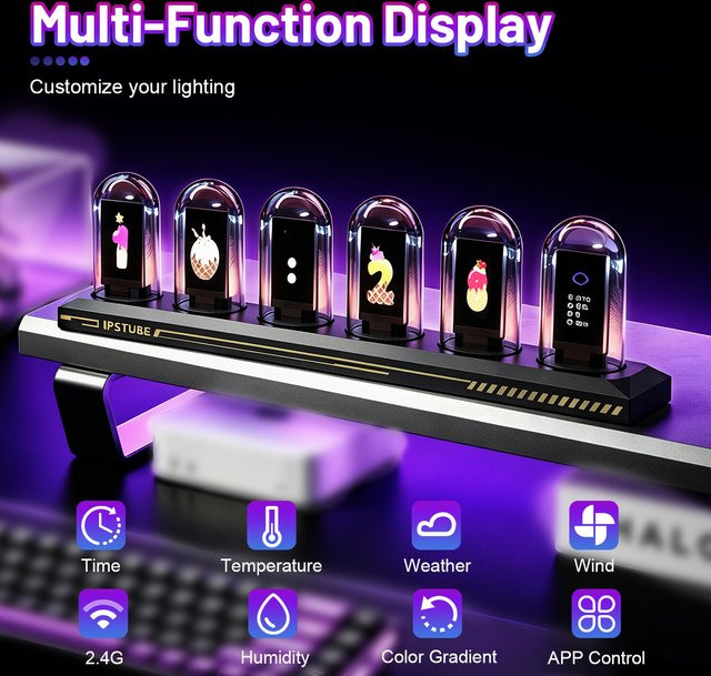 Aiopp RGB Nixie-Röhren-Uhr mit IPS-Farbdisplay in Schwarz, Multicolour Neon-Glühröhren mit Zeit-, Foto- und Wetteranzeige als Desktop-Dekoration - Bild 1
