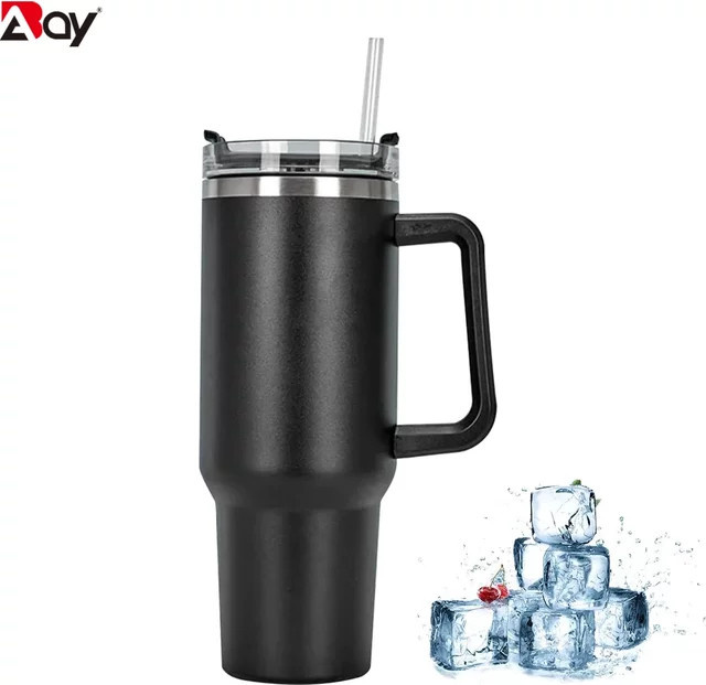 Abay Thermo-Becher aus Edelstahl mit Griff und Deckel sowie Strohhalm, Blau, 1,18 l - Bild 1