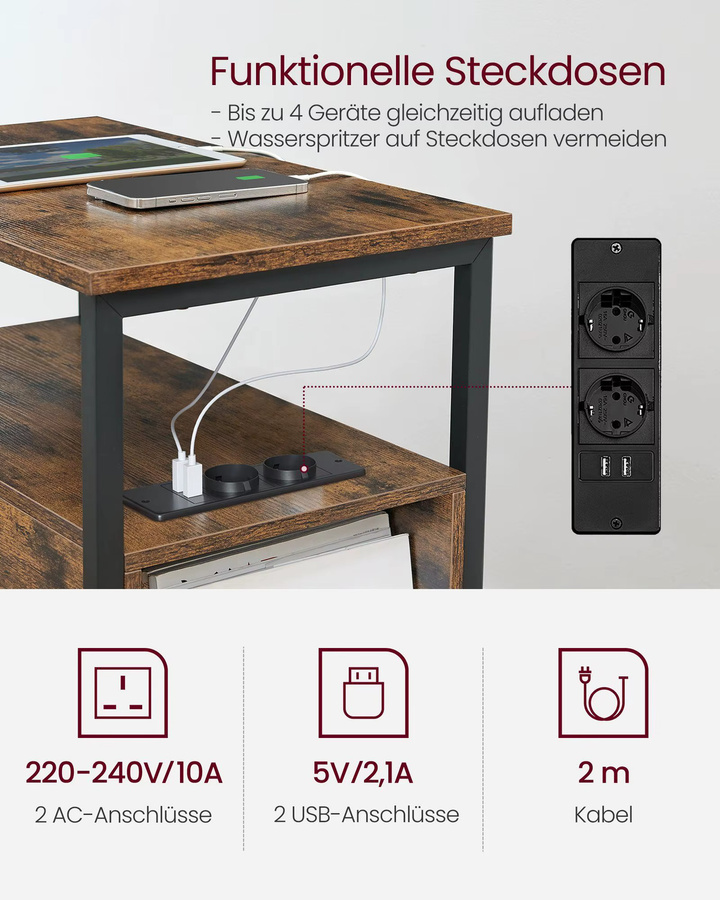 VASAGLE Beistelltisch mit Steckdosenleiste und 2 Schubladen im Industrial Design, Schwarz-Braun, B: 60 cm, T: 35 cm, H: 61 cm - Bild 2