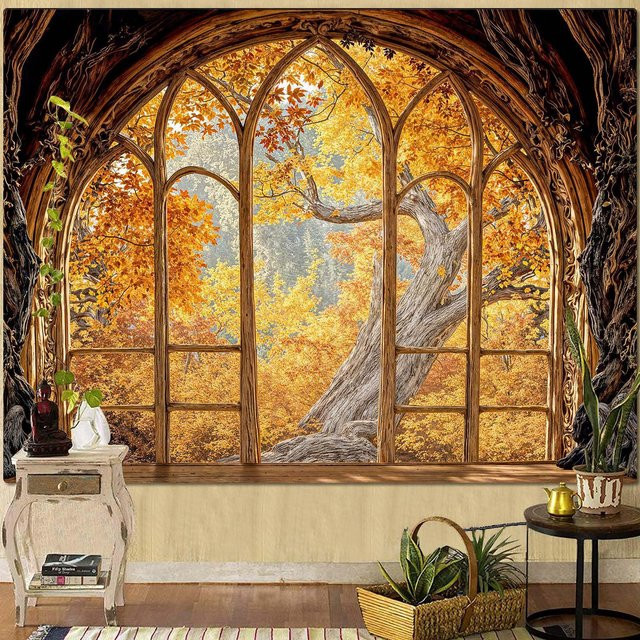 Waldfenster Wandteppich von JMG Household Supplies mit herbstlicher Waldszene und Naturlandschaft, Mehrfarbig, Breite: 70 cm, Höhe: 100 cm - Bild 1