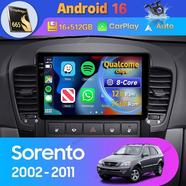 RSNAVI Android 16 Autoradio mit Carplay für Kia Sorento BL (2002-2011), 8-Kern Multimedia Stereo-Player mit GPS, Bluetooth und DSP, Schwarz - Bild 1