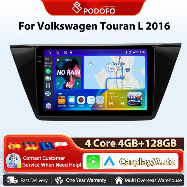Podofo 8 Core Auto Autoradio für Volkswagen Touran L 2016 mit drahtlosem CarPlay, Android Auto, WIFI und GPS in Schwarz - Bild 1
