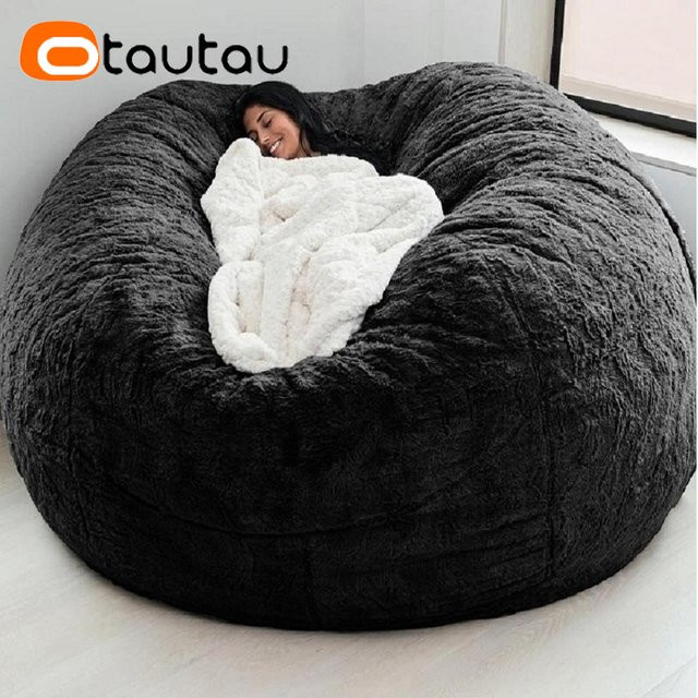 OTAUTAU Sitzsackbezug aus flauschigem Kunsthasenfell, Riesiger Pouf-Bezug DD003, Durchmesser: 152,4 cm (ohne Füllung) - Bild 1