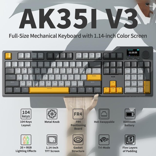 Ajazz AK35I V3 MAX Gaming-Mechanische Tastatur mit 8000mAh Akku, Tri-Modus Verbindung, Hot-Swap und TFT-Farbdisplay - Bild 1