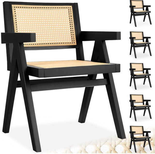 tectake Armlehnstuhl Lissy im Boho-Stil mit Wiener Geflecht und Holzgestell, 6er Set, Schwarz, B/T/H: 59 x 56,5 x 82,5 cm - Bild 1