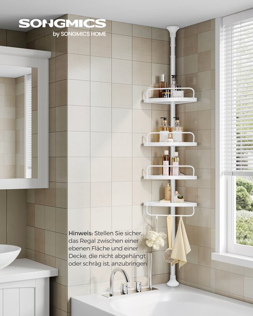 SONGMICS Duschregal für die Badezimmer-Ecke mit 4 Ablagefächern, höhenverstellbar, ohne Bohren, Weiß/Schwarz, Höhe: 85-305 cm - Bild 1