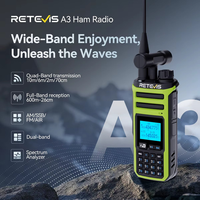 Retevis A3 Ham Quad-Band Walkie-Talkie mit UHF/VHF Senden und HF Empfang, unterstützt AM/SSB/FM/CW, 2500mAh Akku und 999 Kanäle - Bild 1
