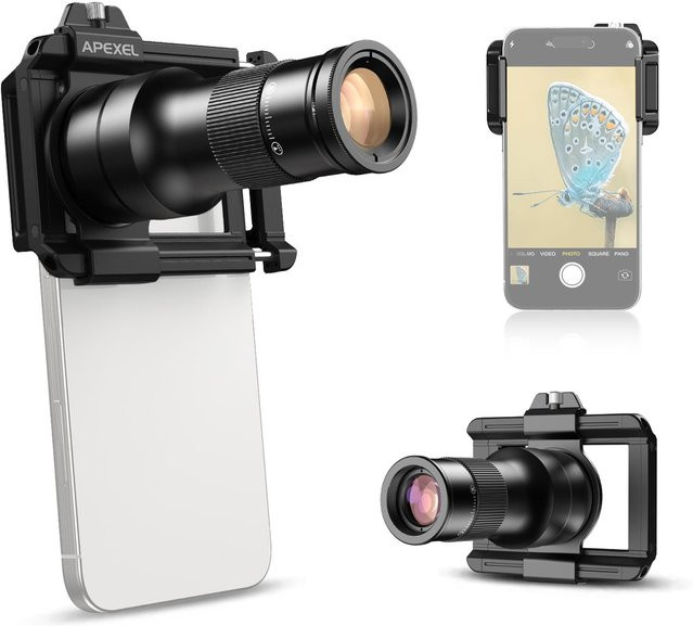 Apexel APL-TM6 Handy-Tele-Makro-Objektiv-Kit mit 6x Teleobjektiv und 150mm Makroobjektiv in Schwarz - Bild 1