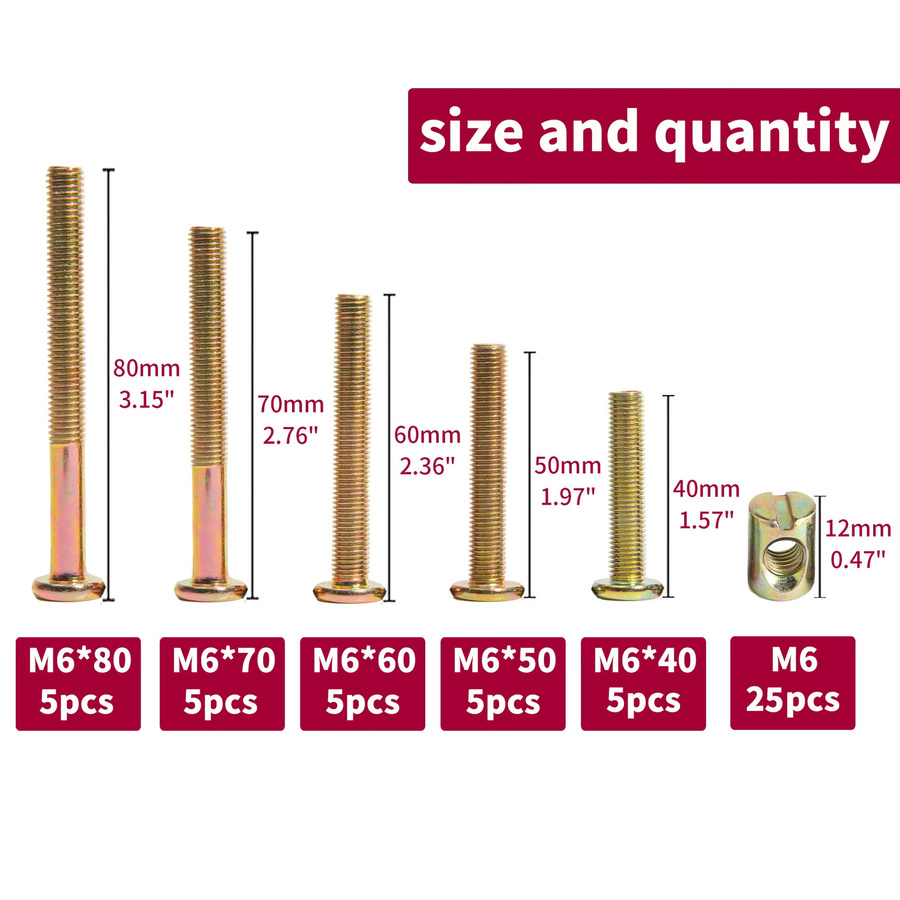 Ersatz-Schraubenset für Babybett und Krippe, 25-teiliges Set aus verzinkten Zylinderschrauben mit Sechskantantrieb, Farbe Gold, M6 mit Längen von 40 mm, 50 mm, 60 mm, 70 mm und 80 mm - Bild 2