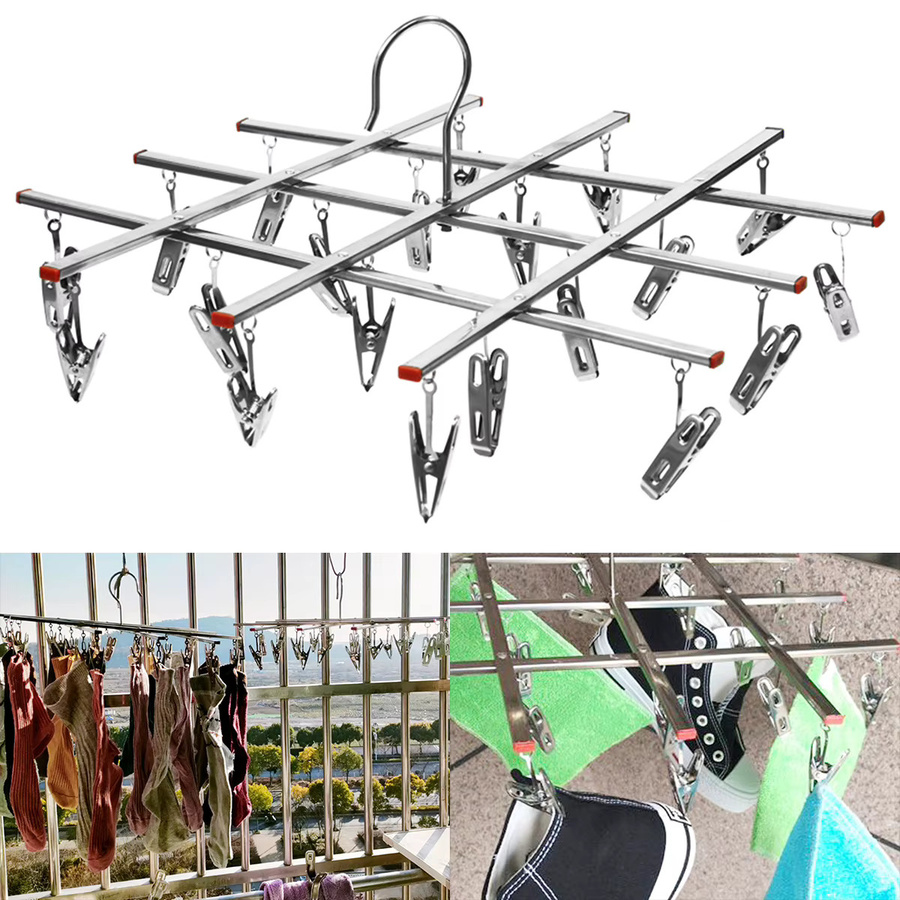 Klappbarer Edelstahl Wäscheständer mit 20 oder 35 Clips und windfesten Haken in Silber - Bild 2