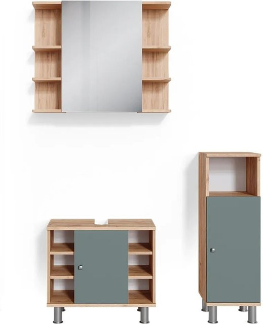 Vicco Badmöbelset Fynn aus Eiche in Grün und Gold, 3-teilig bestehend aus Unterschrank, Spiegelschrank und Midischrank - Bild 2
