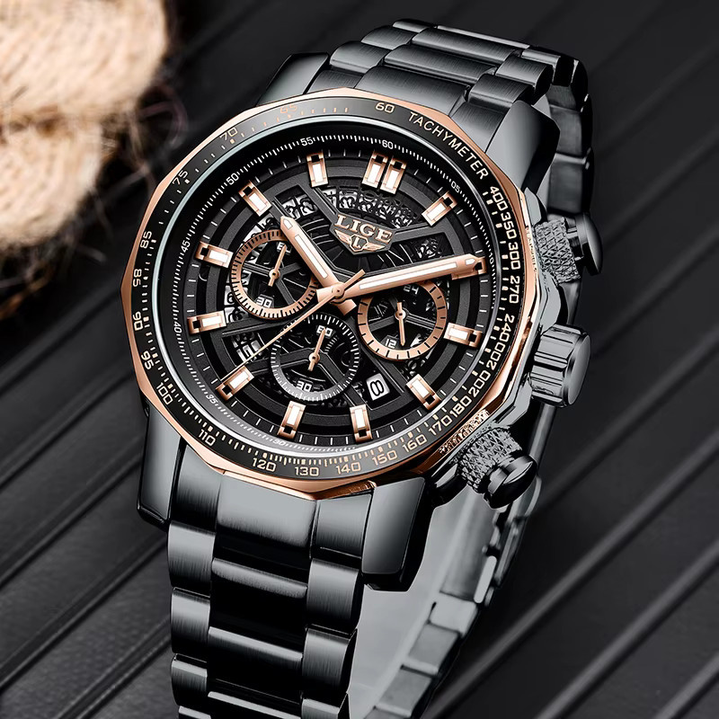 LIGE Armbanduhr Quarz, Edelstahl, Schwarz, Herren - Bild 2