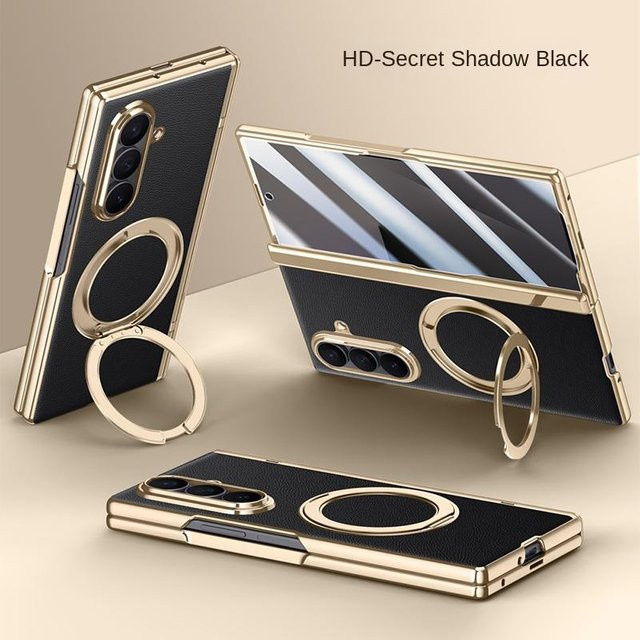 Samsung Galaxy Z Fold 7 Leder Handyhülle mit magnetischer 360 Grad schwenkbarer Halterung und gehärteter Glas Frontfolie in Grau - Bild 1
