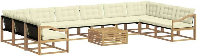vidaXL Outdoor-Sofagarnitur aus Akazienholz in U-Form mit Textilene-Bezug und Kissen, 11-teilig, Weiß und Beige - Bild 1
