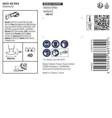 Bosch Expert Mati 68 RD4 Corner Blade Diamant-Eckschleifblatt für Oszillierende Multitools, 10-teilig, B: 68 mm, T: 30 mm, H: 3 mm, Mehrfarbig - Bild 1
