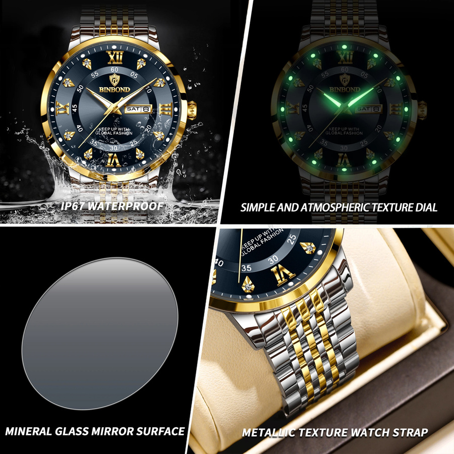 BINBOND Armbanduhr Quarz, Edelstahl, Schwarz, Herren - Bild 4