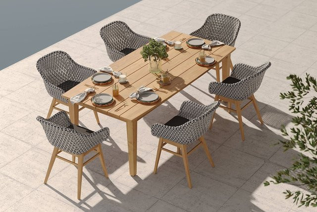 OUTFLEXX Bali Garten-Essgruppe mit Tisch und 6 Dining Sesseln, Akazie, Polyrattan und Stahl, Schwarz/Weiß/Natur, Tisch B: 220 cm, T: 100 cm, H: 74 cm - Bild 1
