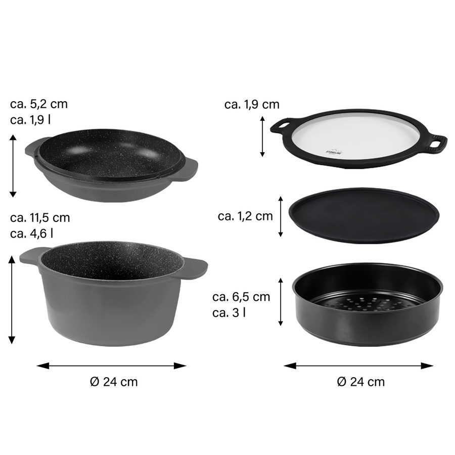 STONELINE Koch- und Back-Set 5-teilig mit Deckeln und Dampfeinsatz, Schwarz, Antihaftbeschichtung - Bild 3