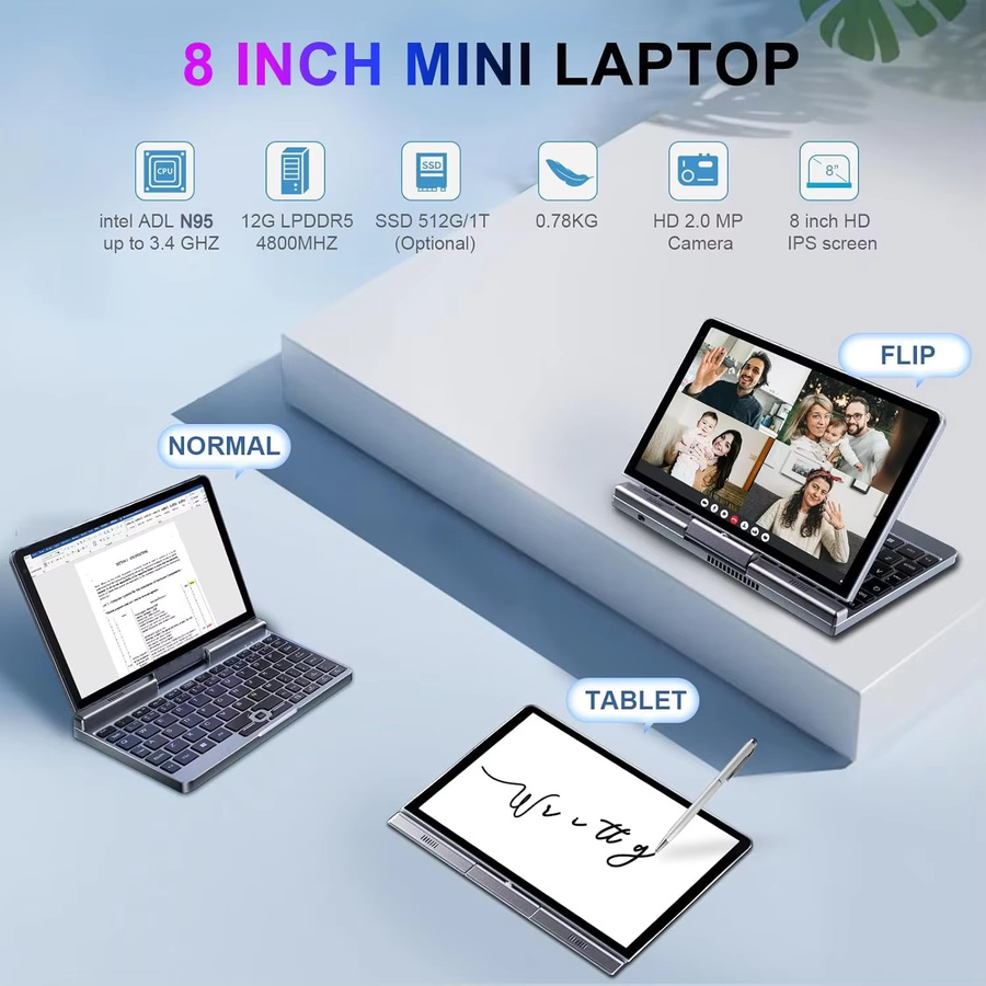 RUGLINE Mini Tragbarer Laptop mit 8 Zoll IPS-Touchscreen, Intel N95 Prozessor, 12GB RAM und Windows 11 Pro - Bild 6