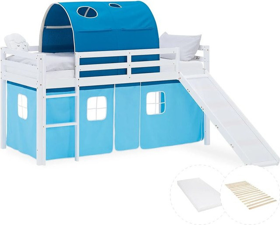 Homestyle4u Kinder Hochbett mit Rutsche im Piratendesign aus Kiefernholz, Blau/Weiß/Schwarz, B/T/H: 219,5 x 90 x 207,5 cm
