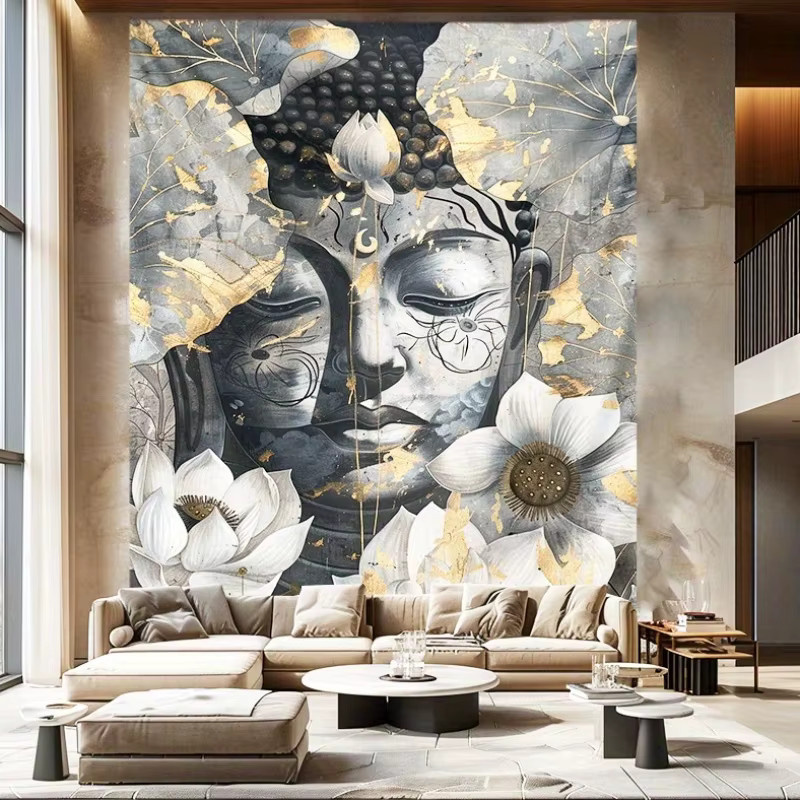 VIKAMA Zen-Doppel-Buddha Wandteppich mit Tintenlotus-Hintergrund in Gold und Multicolour, orientalischer Stil für Wohnzimmer und Gebetsraum, B: 75 cm, H: 58 cm - Bild 2