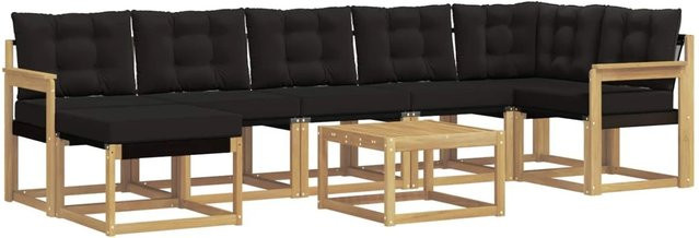 vidaXL Outdoor-Sofagarnitur 8-teilig in L-Form mit Kissen und Ottoman, Akazienholz, Weiß-Schwarz-Braun - Bild 1