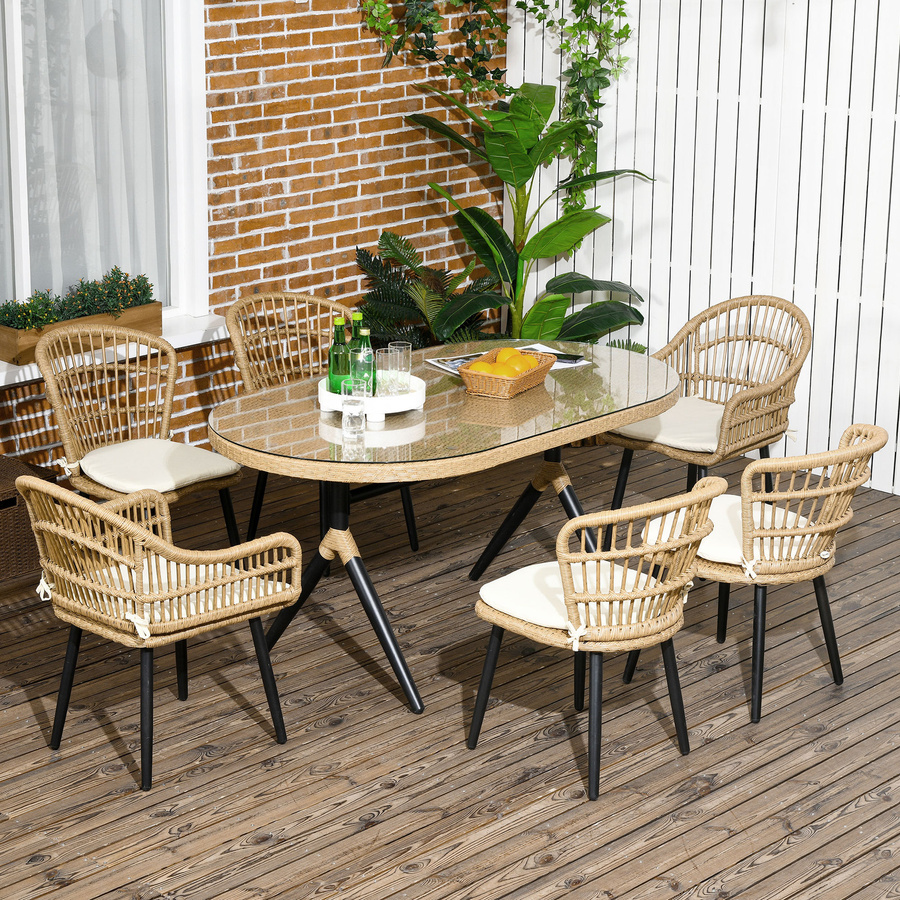 Outsunny Garten Esszimmer-Set für 6 Personen aus Polyrattan mit Glastischplatte und Kissen in Braun und Beige - Bild 2