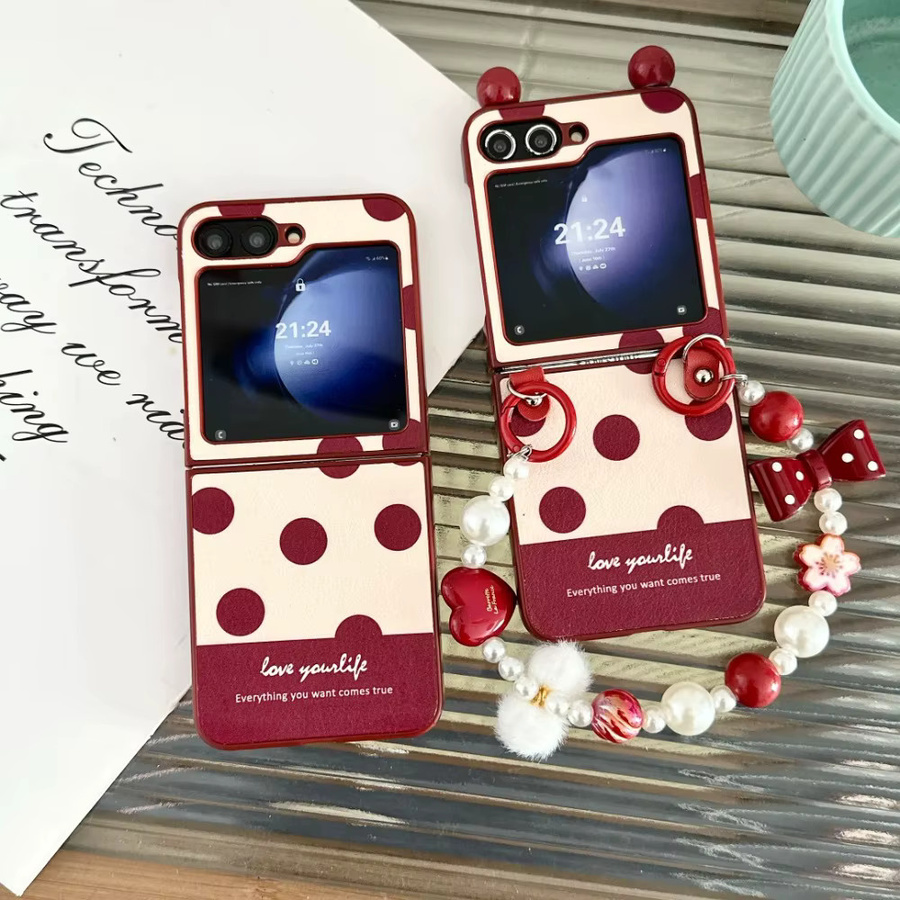 Luxus Handyhülle mit Kristall, Perlen und Pelz sowie Leder-Handgelenkband für Samsung Galaxy Z Flip 7, 6, 5, 4, 3 in Rot - Bild 4