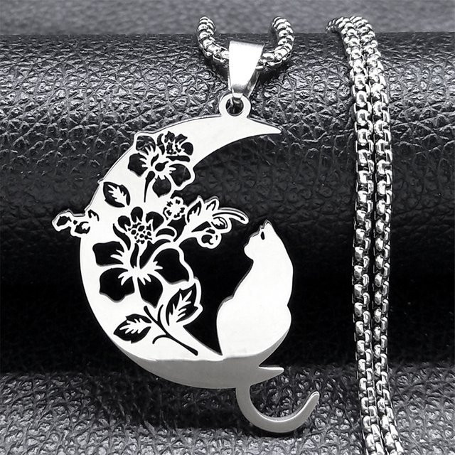 AFAWA Halskette Katze Blume Mond, Edelstahl, Silber, Unisex, Böhmen - Bild 1