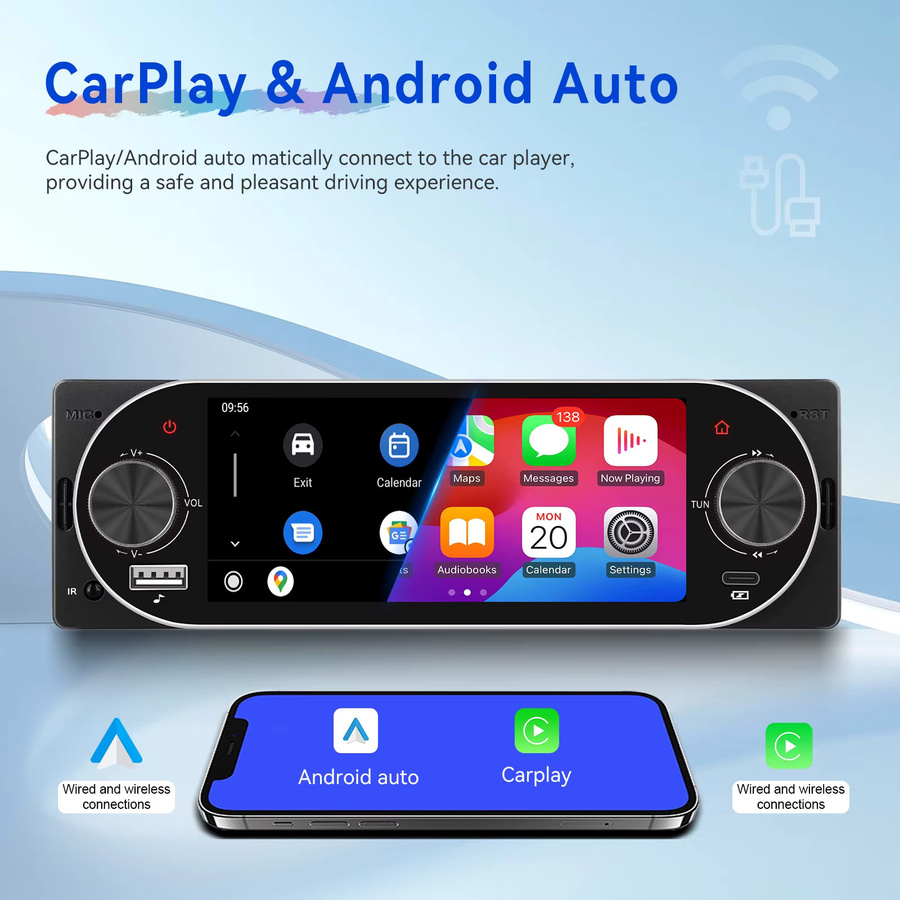 Podofo 1Din MP5 Multimedia-Player mit 5,1 Zoll Display, kabellosem CarPlay, Android Auto, Bluetooth und Mirror Link in Schwarz - Bild 2